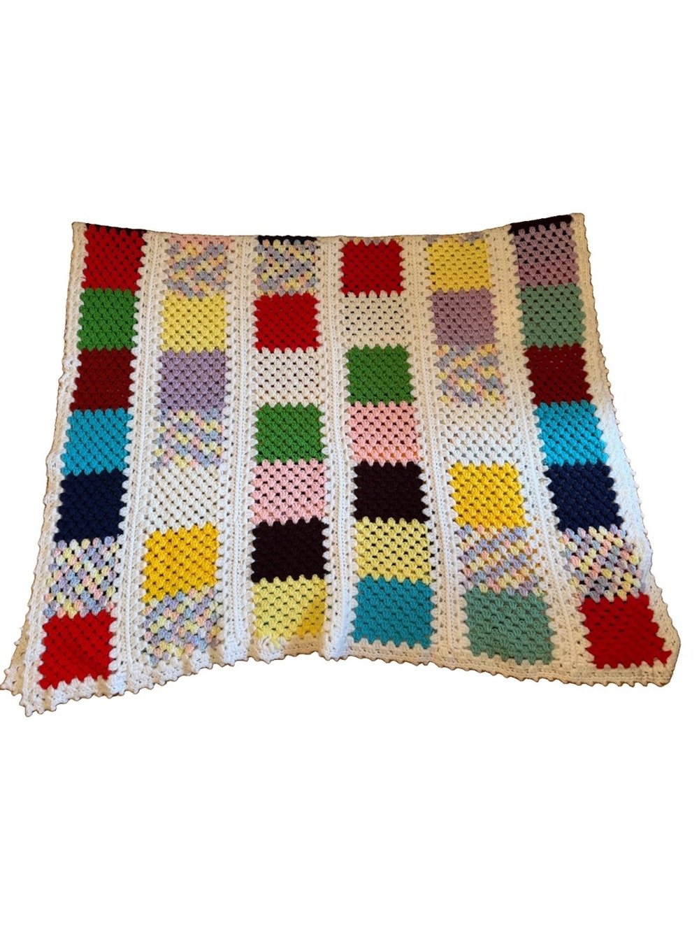 Vintage 1970s Retro boho‎ Granny square handmade afghan 78”x49” Multicolor throw